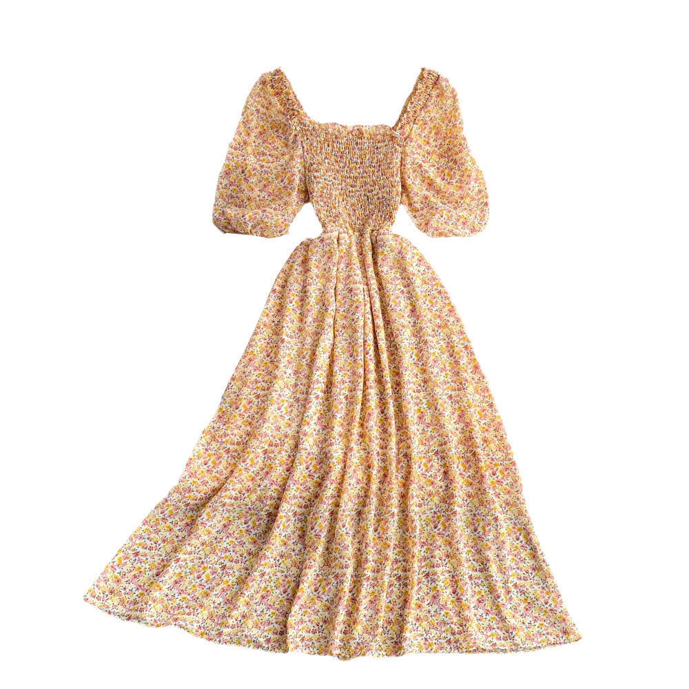 Square Collar Floral Chiffon Dress