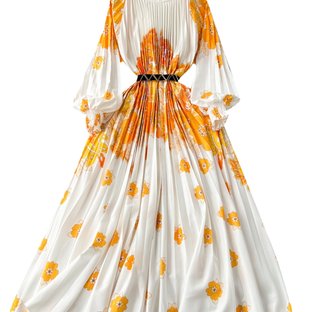 Floral Printed High-waist Pleated Dress