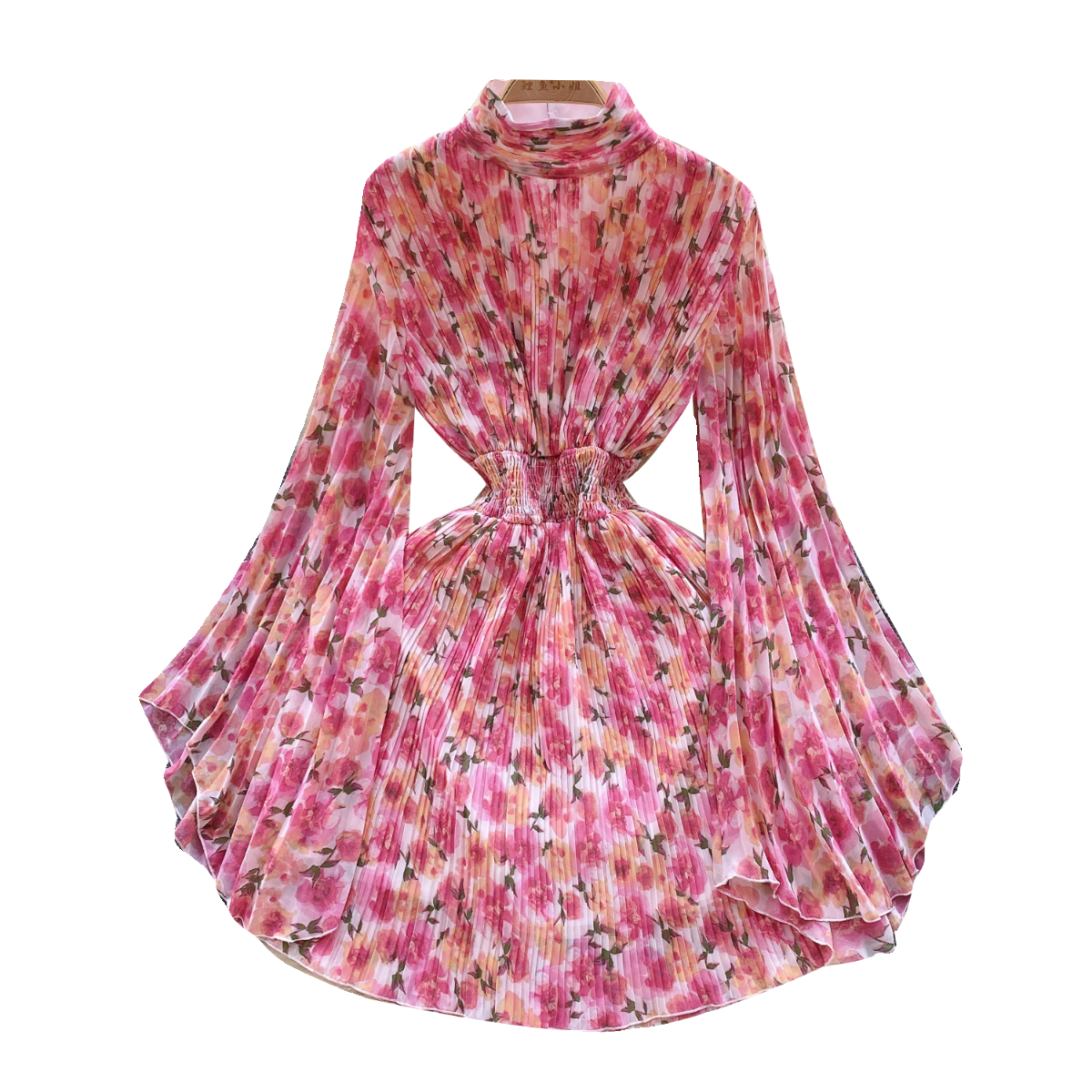 Flared Sleeve Floral Chiffon Dress