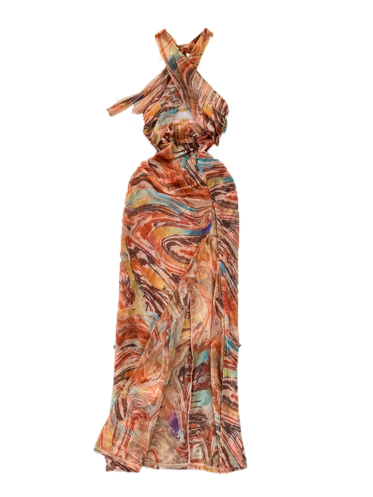 Elegant Tie-dye Backless Halter Dress