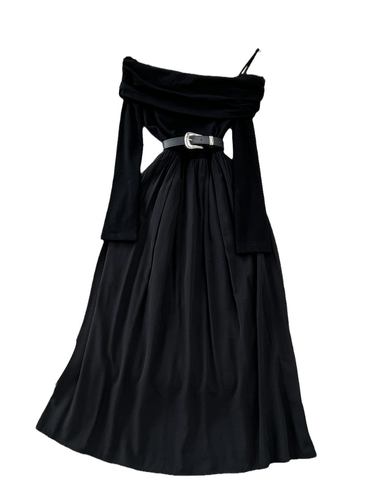 Elegant Slant Collar Pleated Black Dress