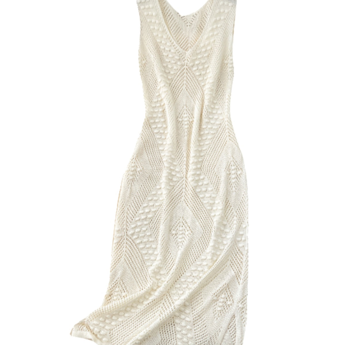 V-neck Hollowed Knitted White Dress