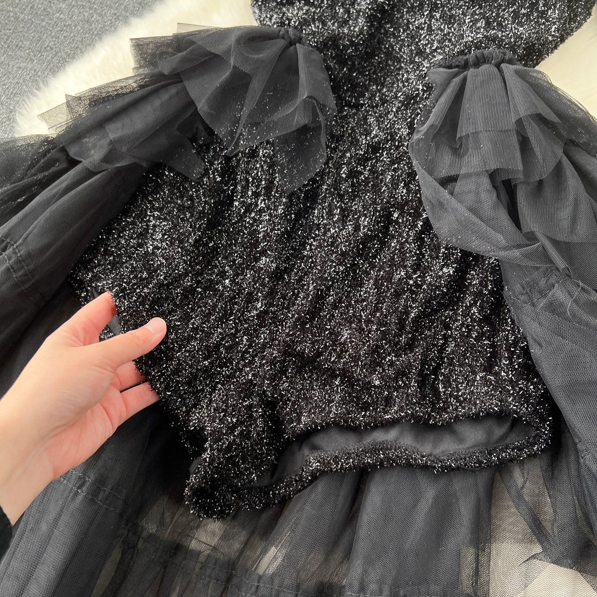Sequined Off-shoulder Layered Mesh Dress