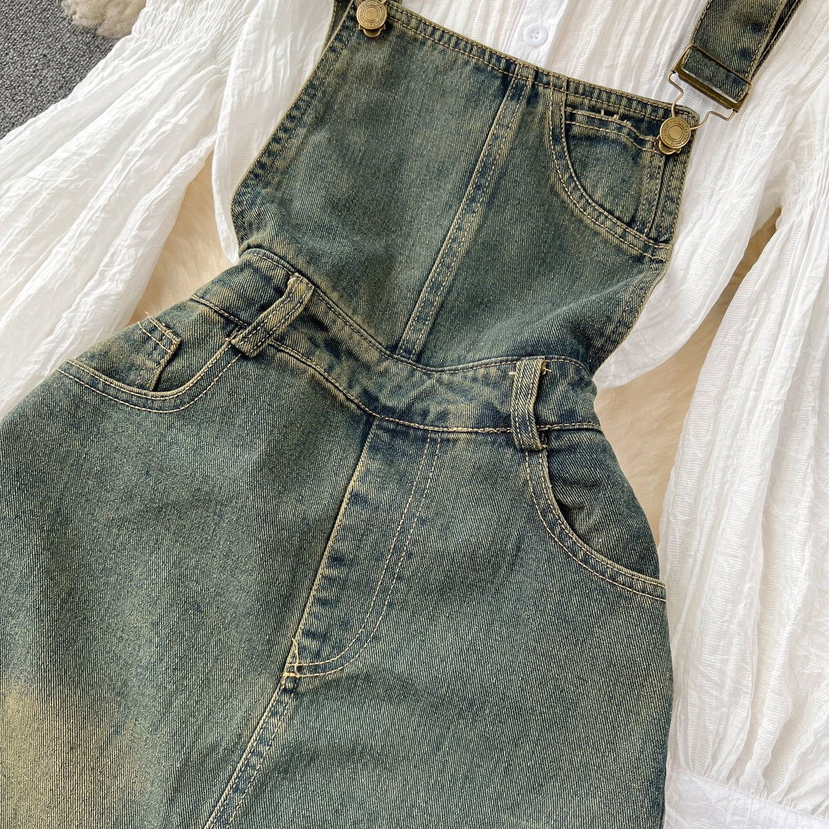 Strappy Denim Dress&White Shirt 2Pcs