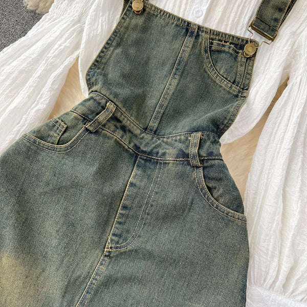 Strappy Denim Dress&White Shirt 2Pcs