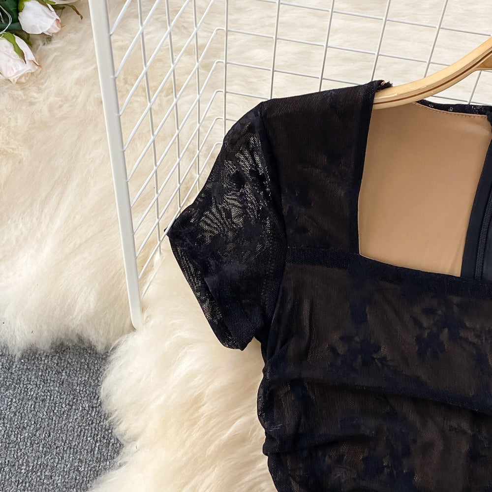 Square Collar Lace Patchwork Black Dress