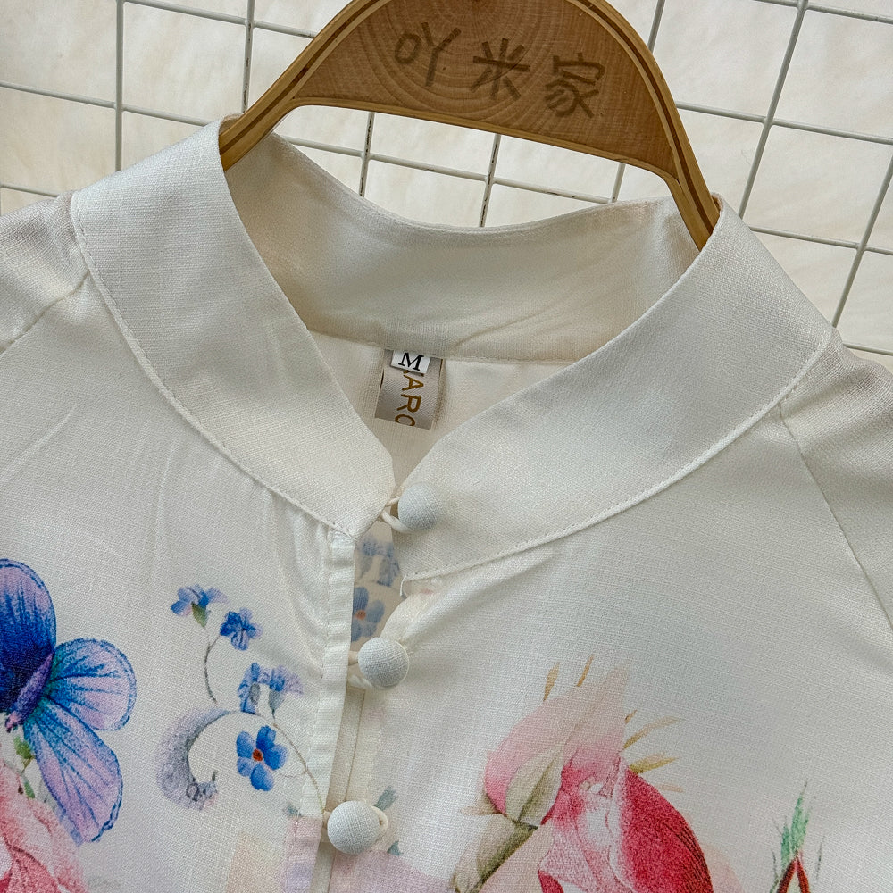 Courtly Single-breasted Floral Shirt Dress