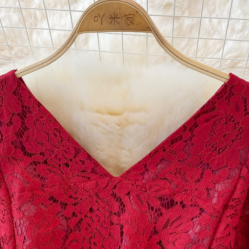 V-neck Floral Embroidered Lace Dress