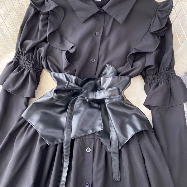 PU Girdle Ruffled Black Shirt Dress