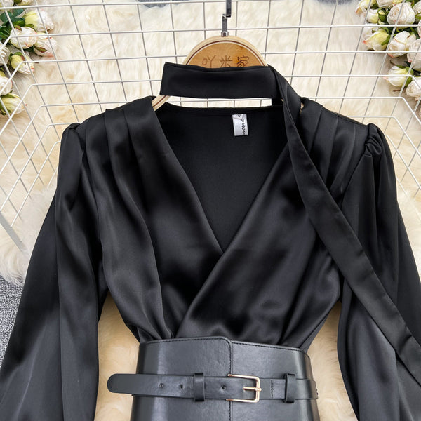 Acetate Satin V-neck Pleated Black Dress