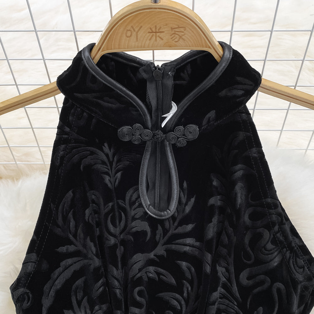 Hollowed Black Suede Cheongsam Dress