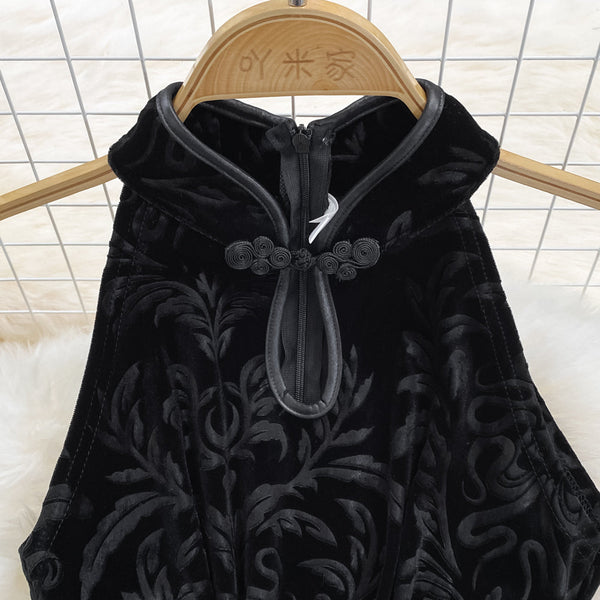 Hollowed Black Suede Cheongsam Dress