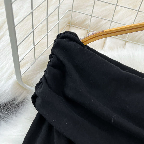 Elegant Slant Collar Pleated Black Dress