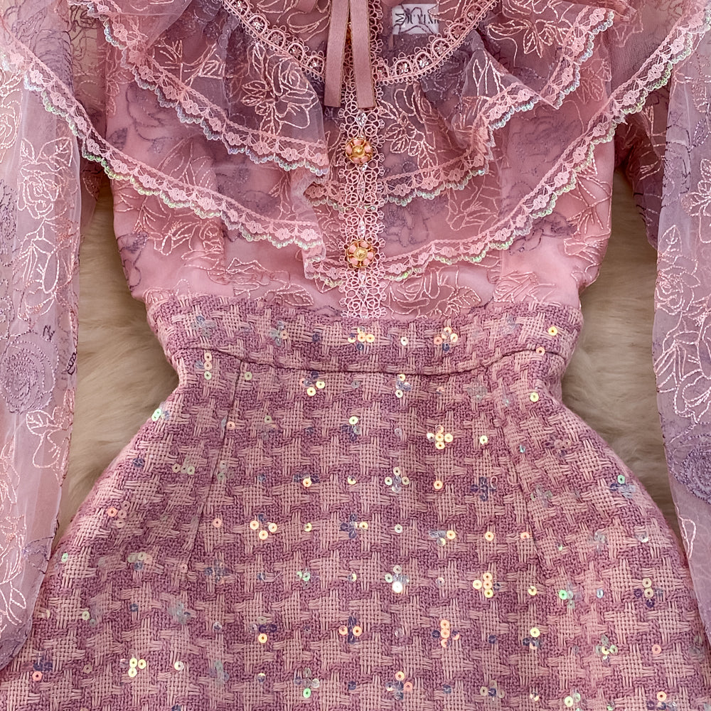 Lace Patchwork Sequin Tweed Dress
