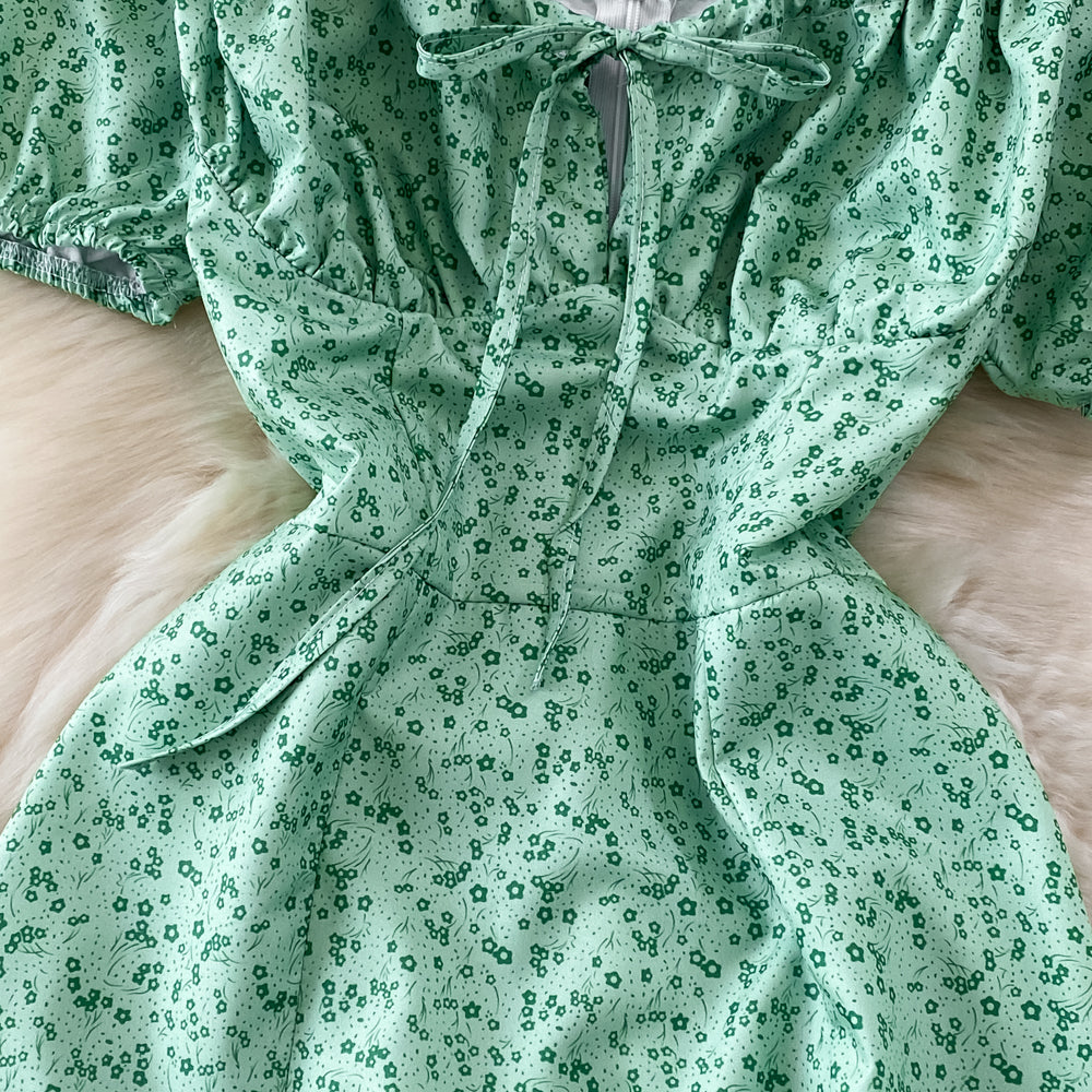 French Style Puff Sleeve Floral Dress