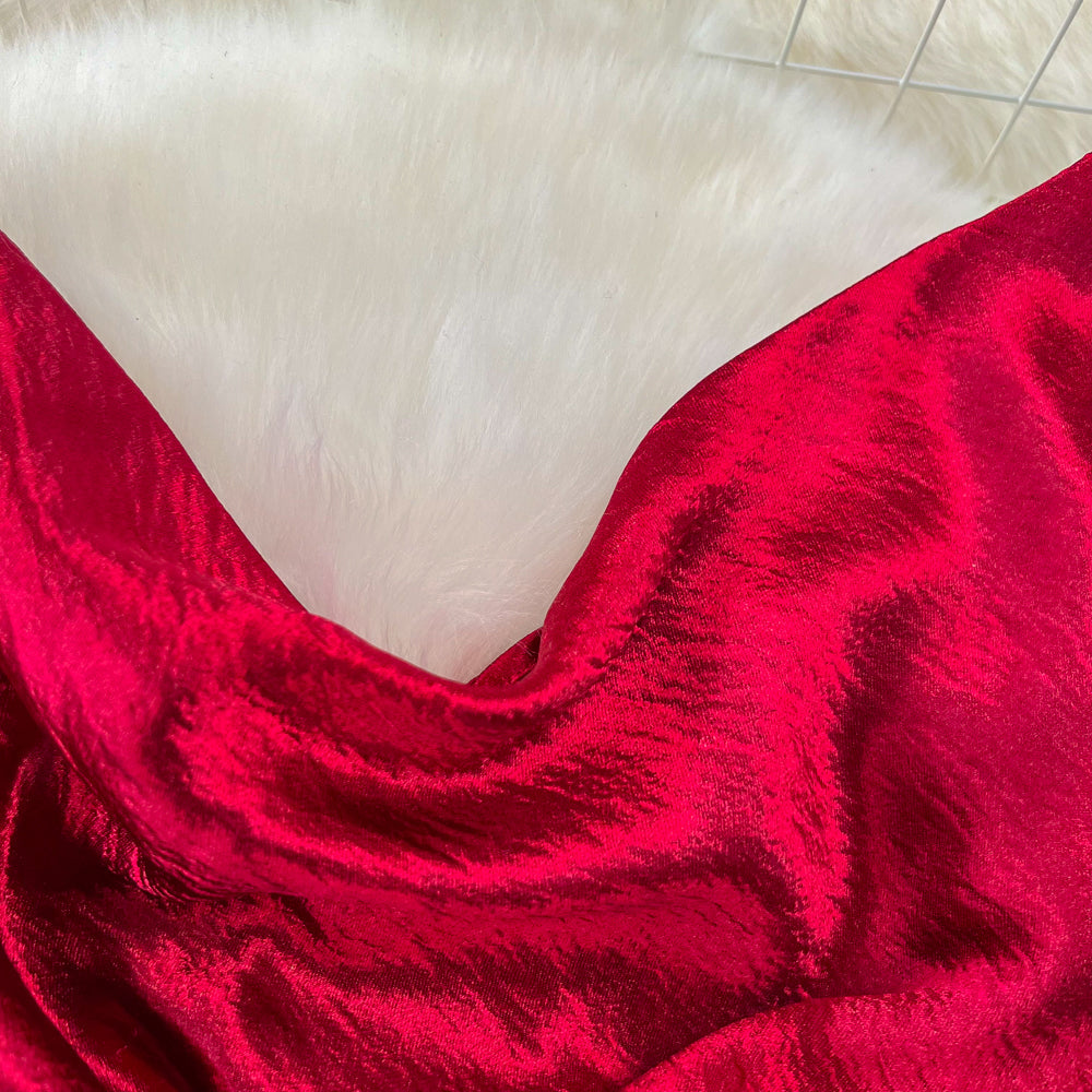 Vintage Draped Glossy Red Slip Dress