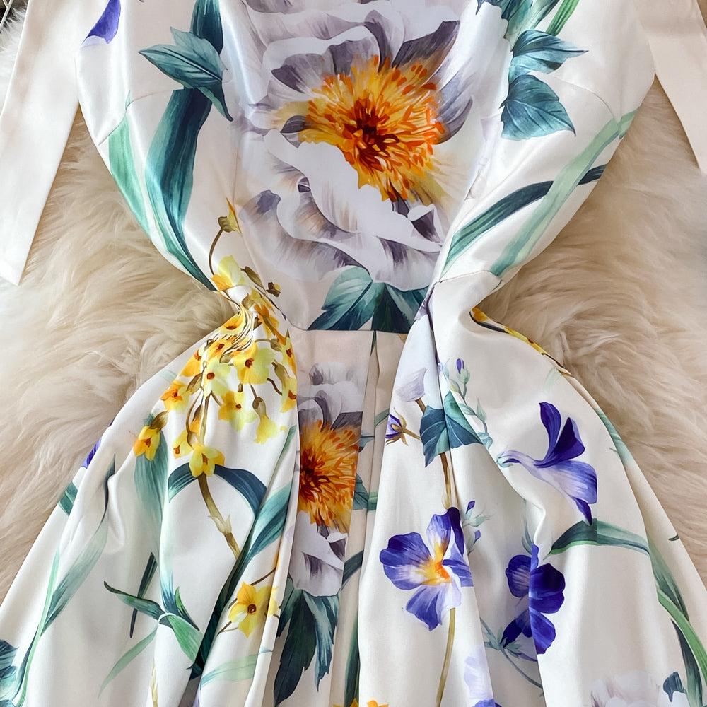 Bow-tie Lace-up Printed Floral Dress