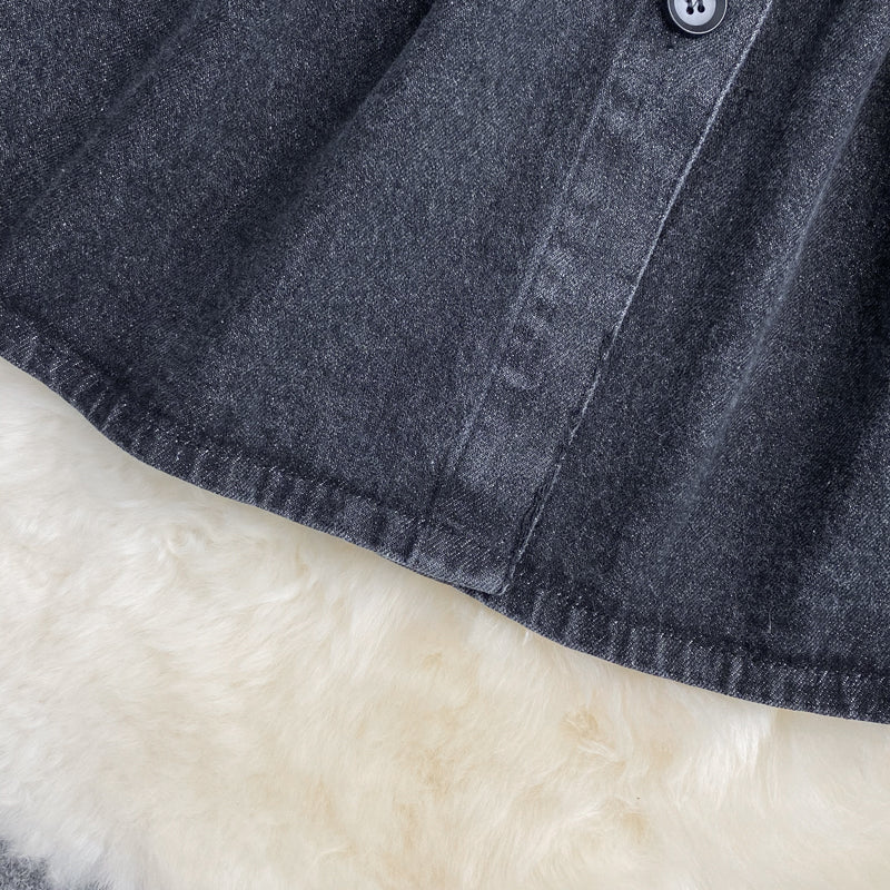 Faux Two-piece Lapeled Denim Dress