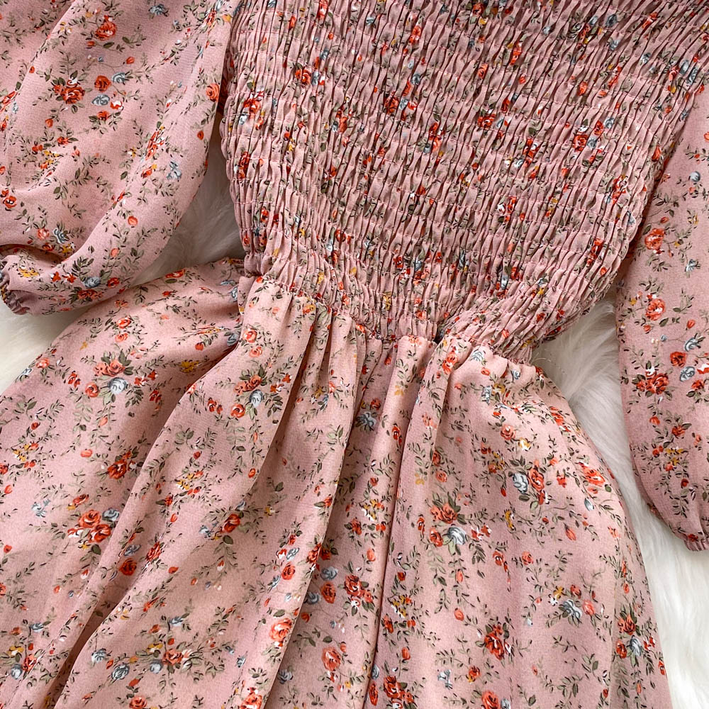 Square Collar Floral Chiffon Dress