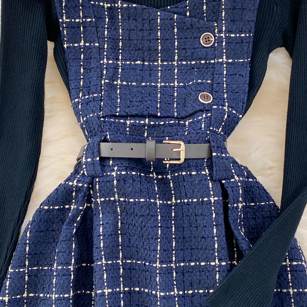 Bottoming Sweater&Plaid Tweed Dress 2Pcs