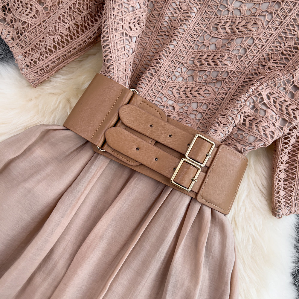 High-end Lapel Lace Patchwork Dress