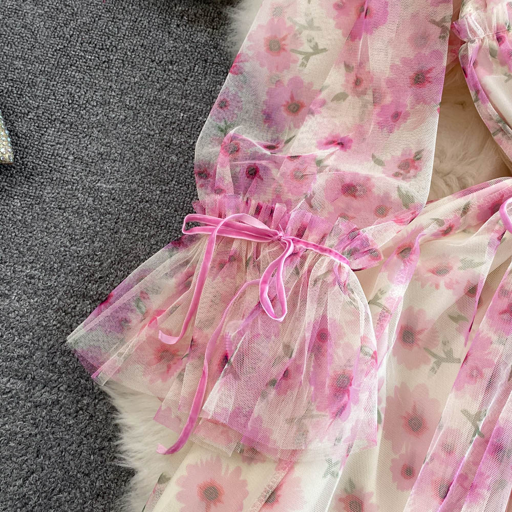 High-end Flared Sleeve Mesh Print Dress