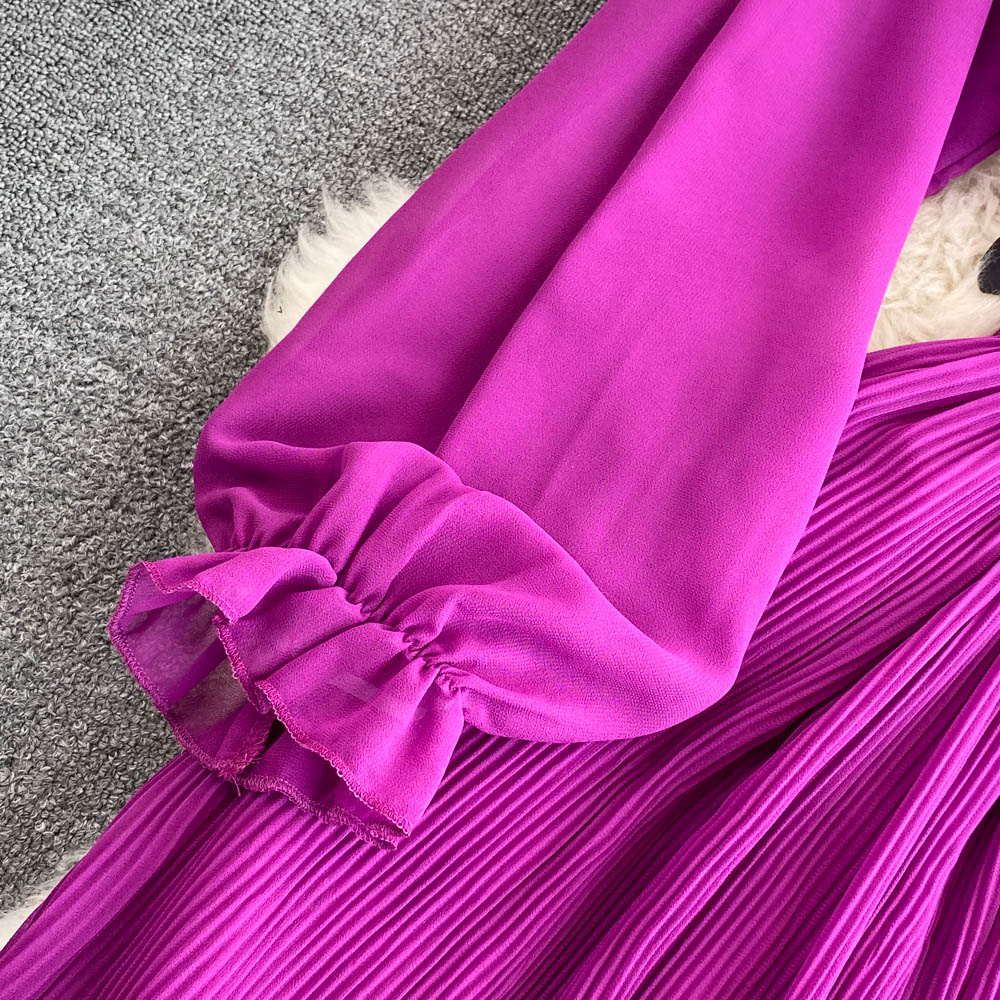 Vintage Ruffle Puffy Sleeve Pleated Dress