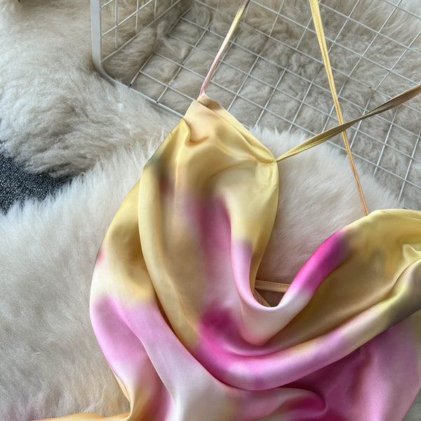 Satin Tie-dye Crossover Halter Dress