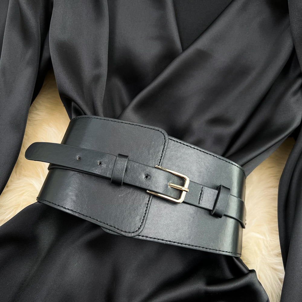 Acetate Satin V-neck Pleated Black Dress