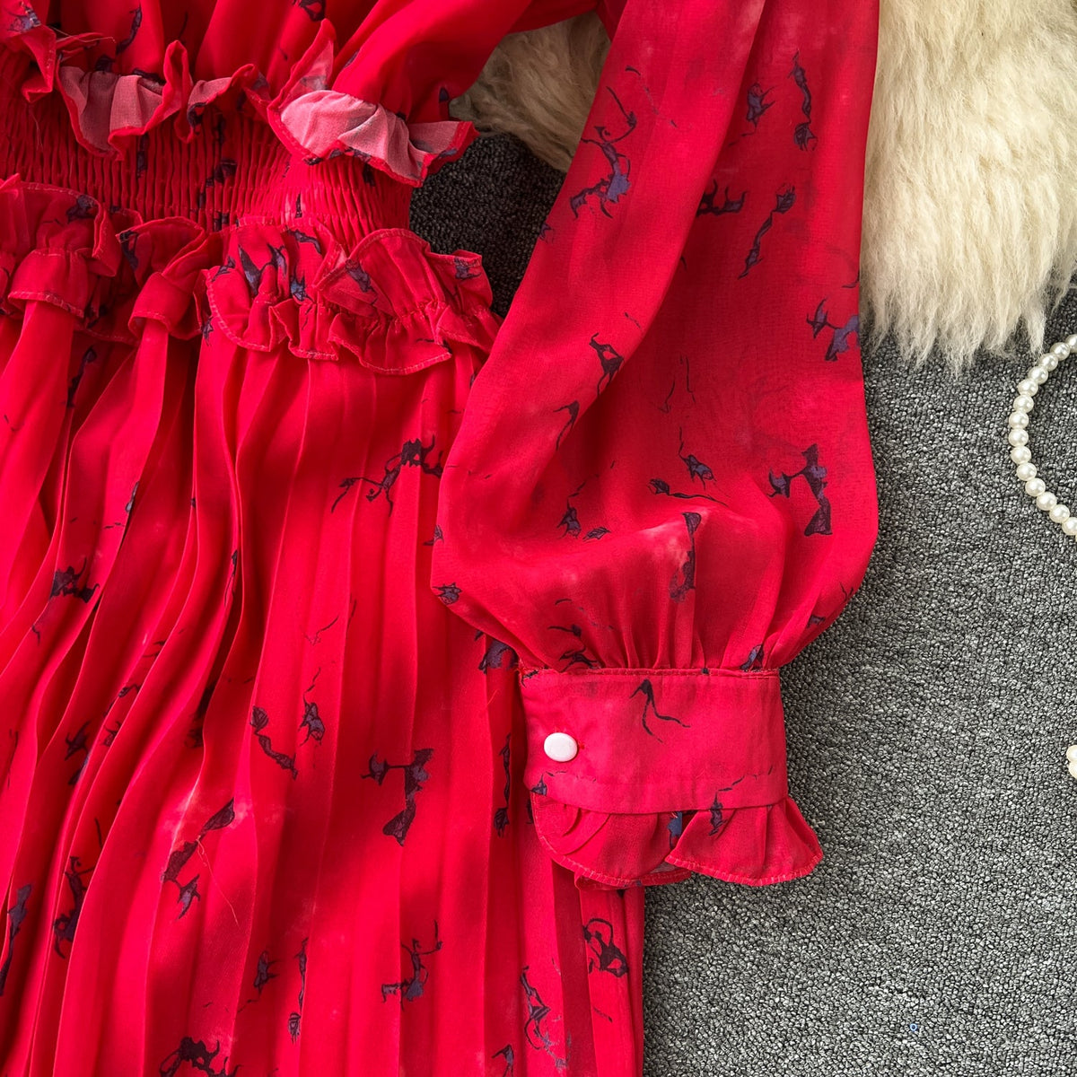 Courtly Pleated Floral Chiffon Dress