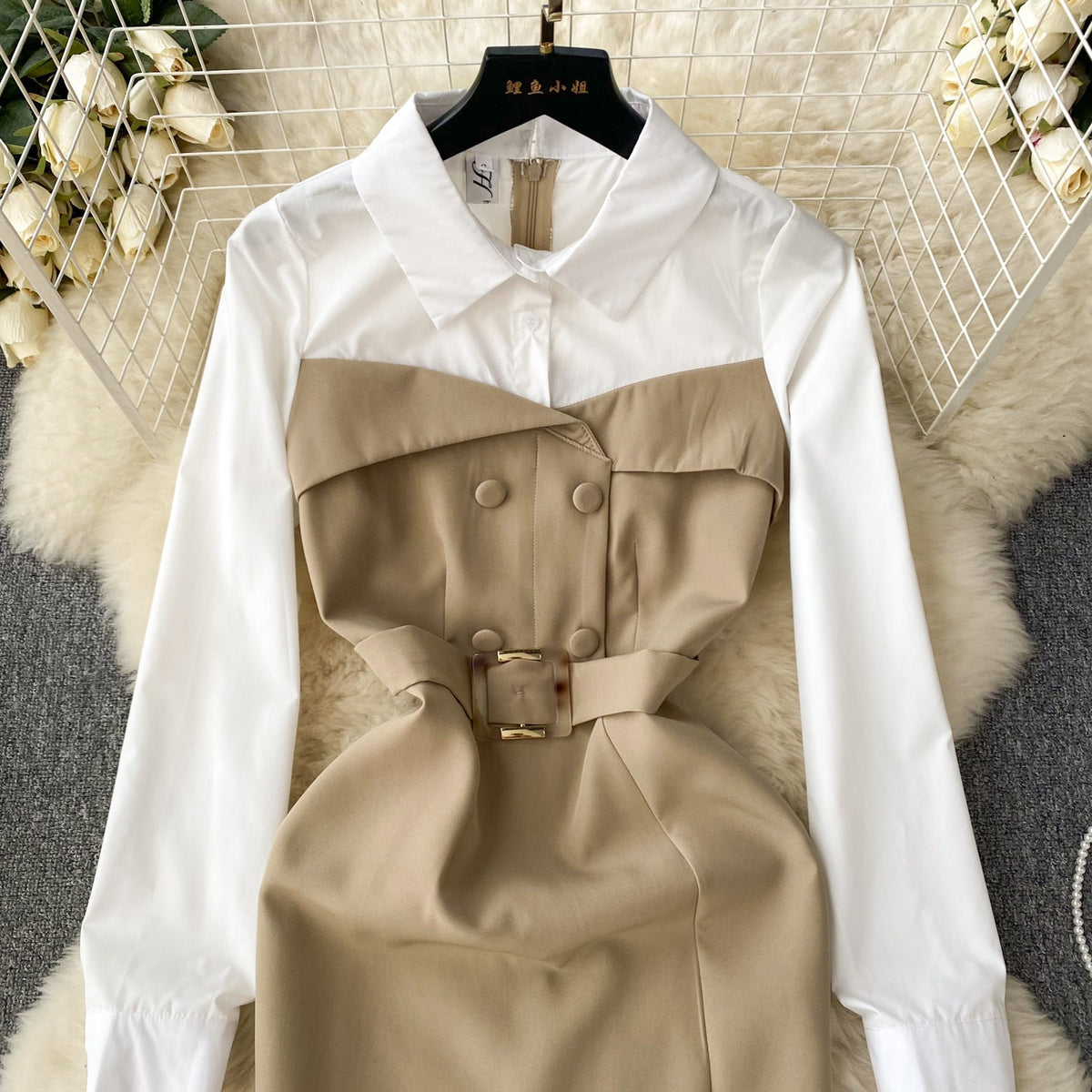 Faux Two-pieces Patchwork Shirt Dress