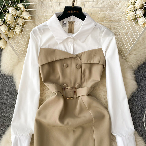 Faux Two-pieces Patchwork Shirt Dress