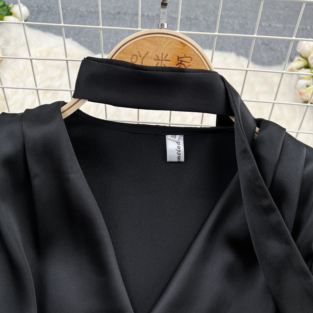 Acetate Satin V-neck Pleated Black Dress