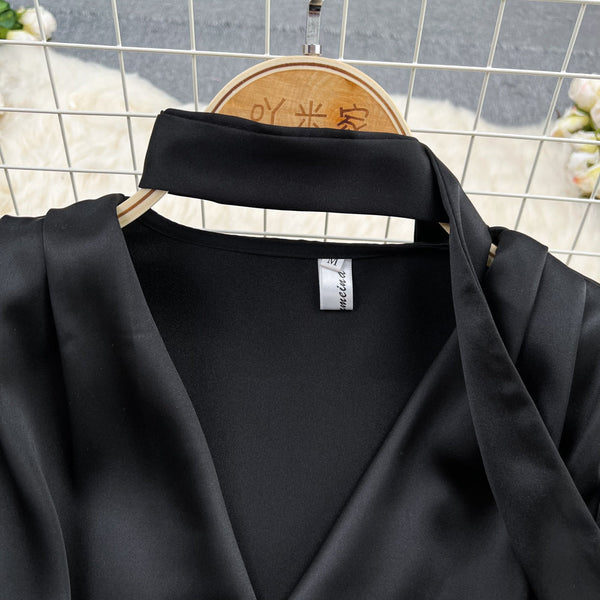 Acetate Satin V-neck Pleated Black Dress