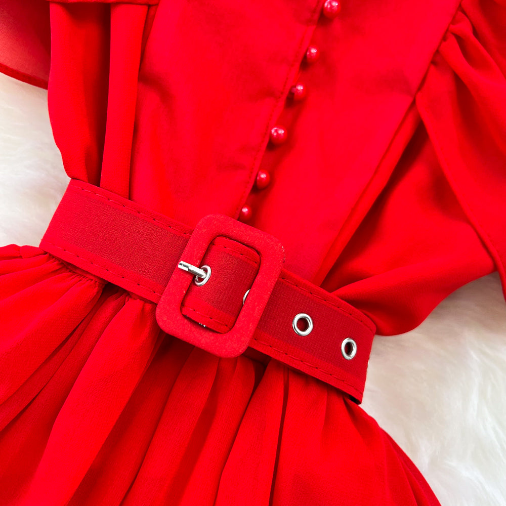 Stand collar Ruffled Chiffon Dress