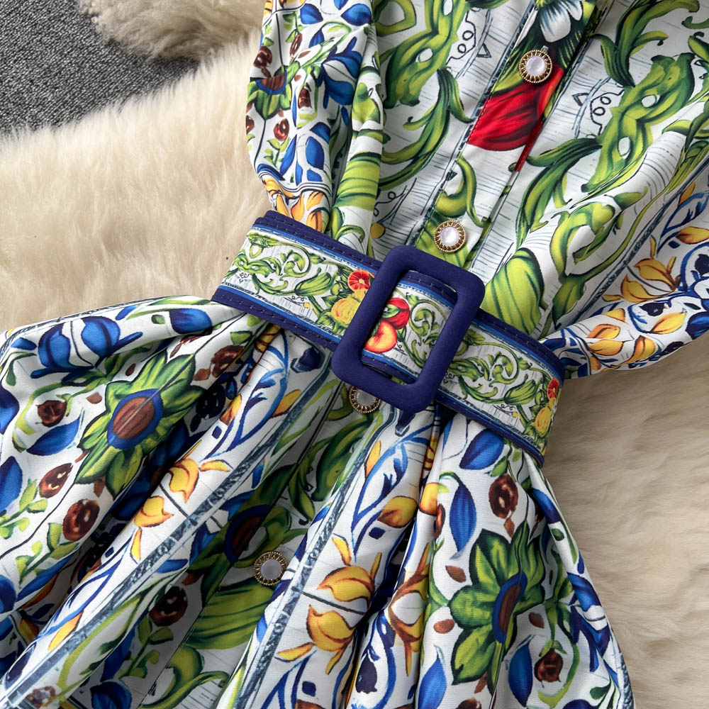 Courtly Lapel Floral Print Dress