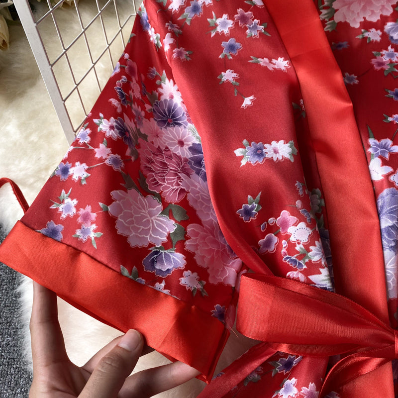 Lace-up Printed Robe Cardigan Dress