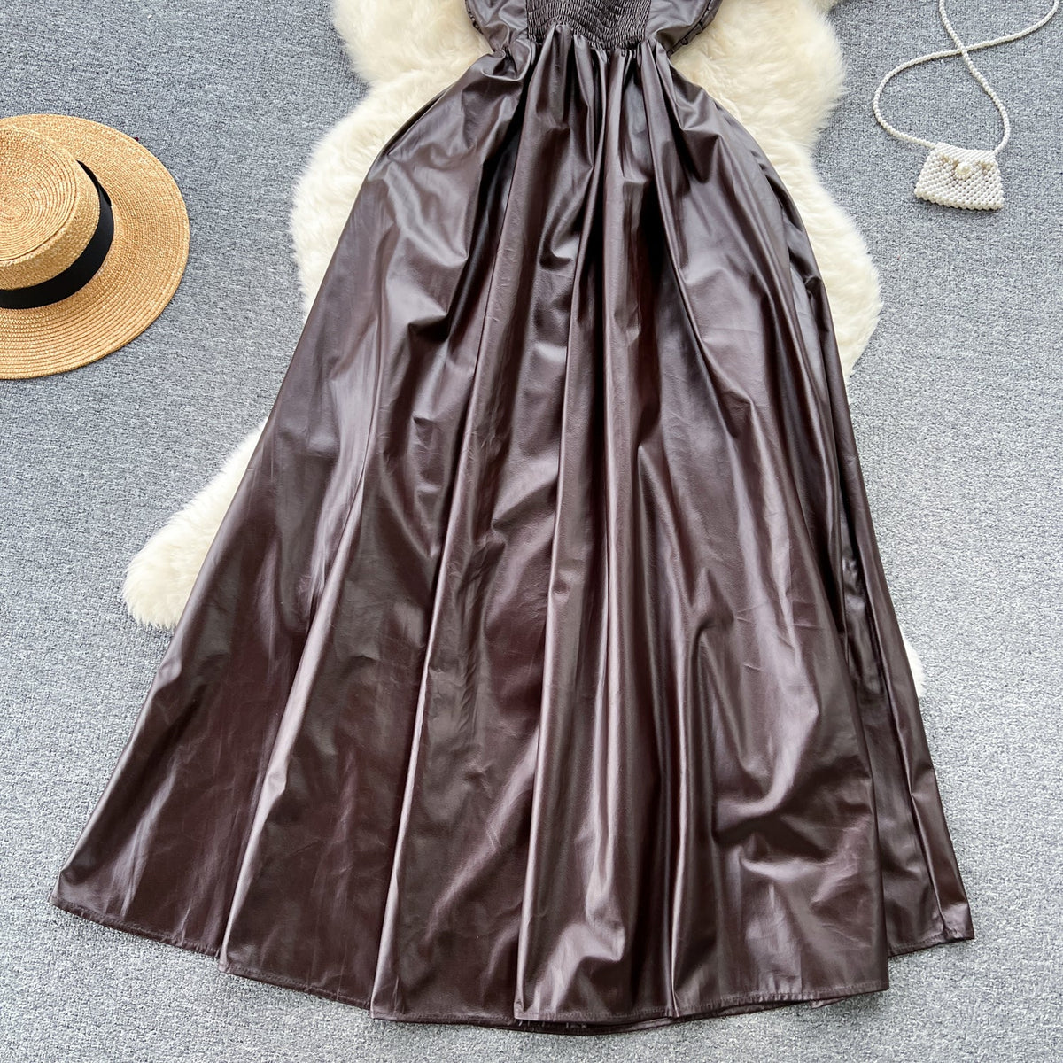 Floral Choker PU Pleated Slip Dress
