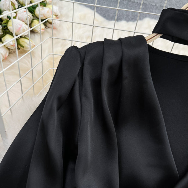 Acetate Satin V-neck Pleated Black Dress