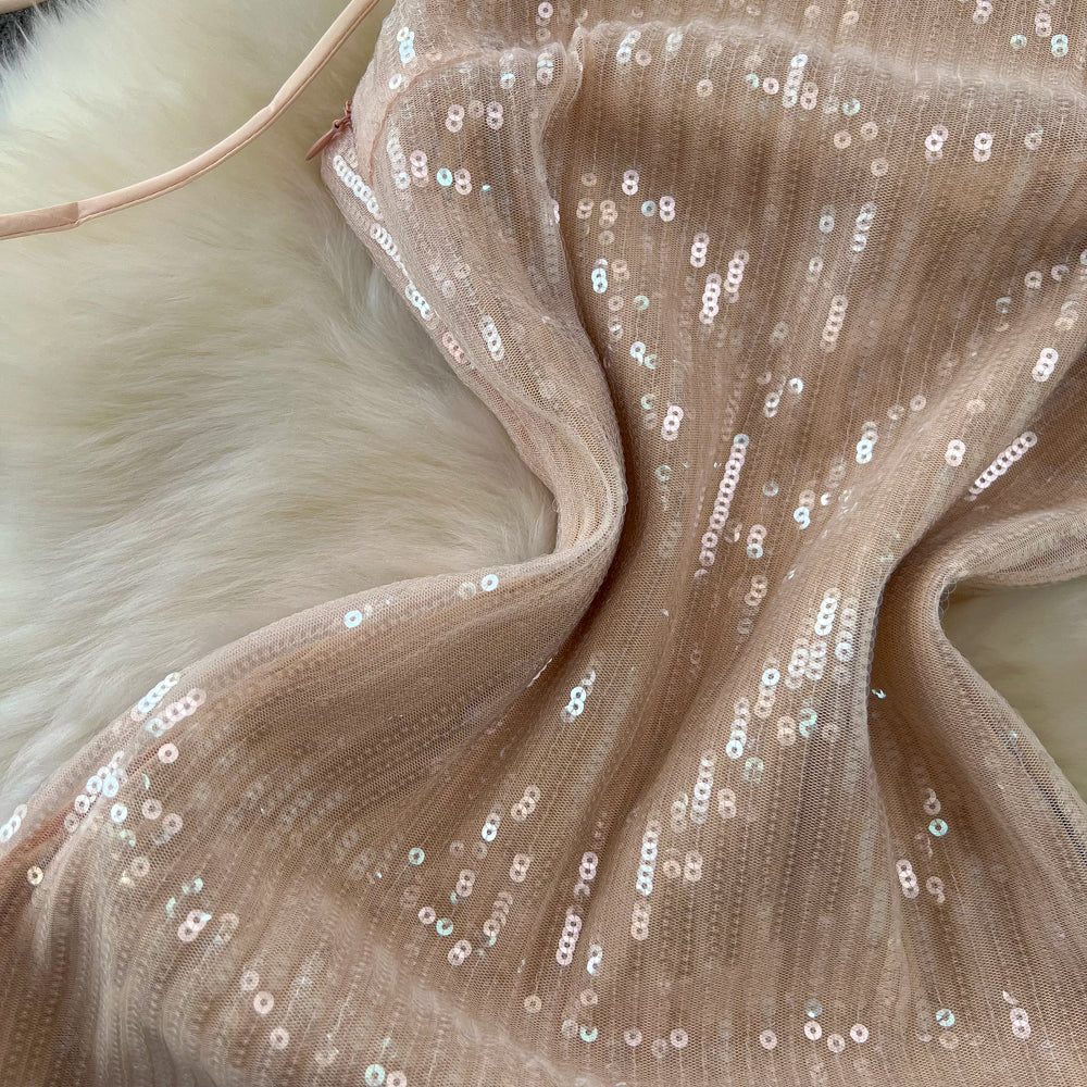 Glossy Sequined Backless Halter Dress