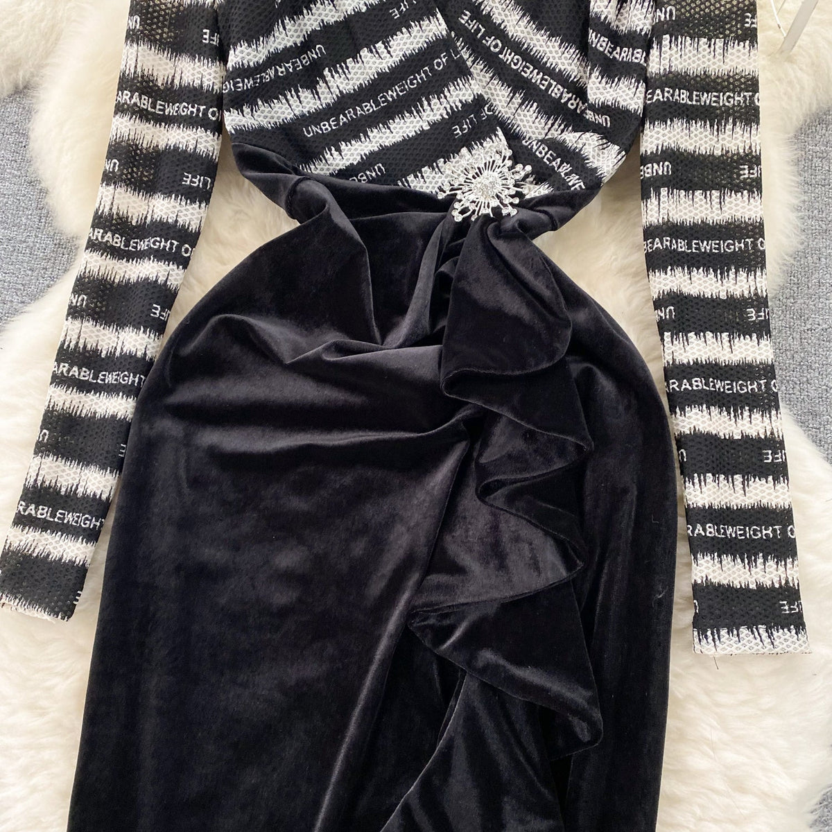 Mesh Patchwork Suede Split Black Dress