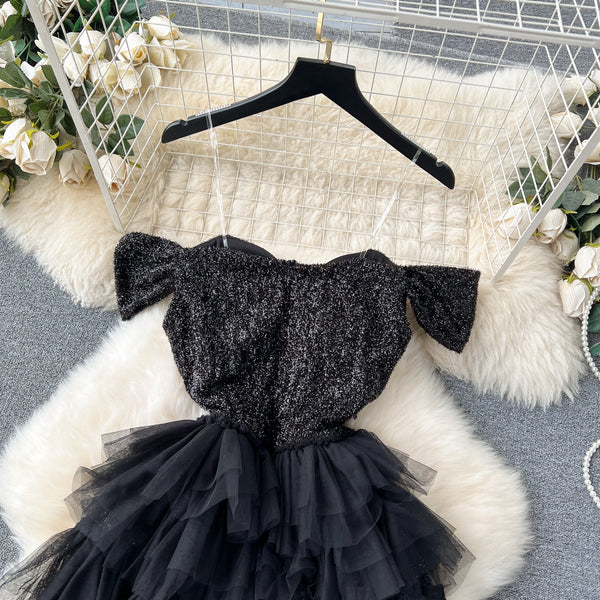 Sequined Off-shoulder Layered Mesh Dress