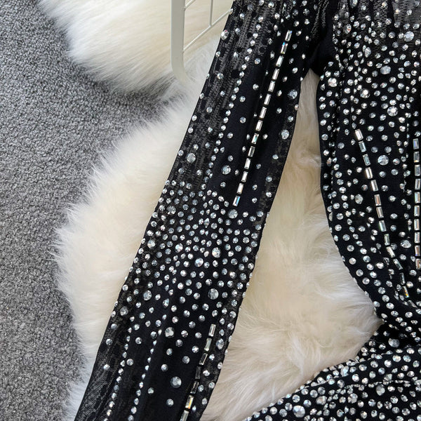 Crew Neck Rhinestone Studded Mesh Dress
