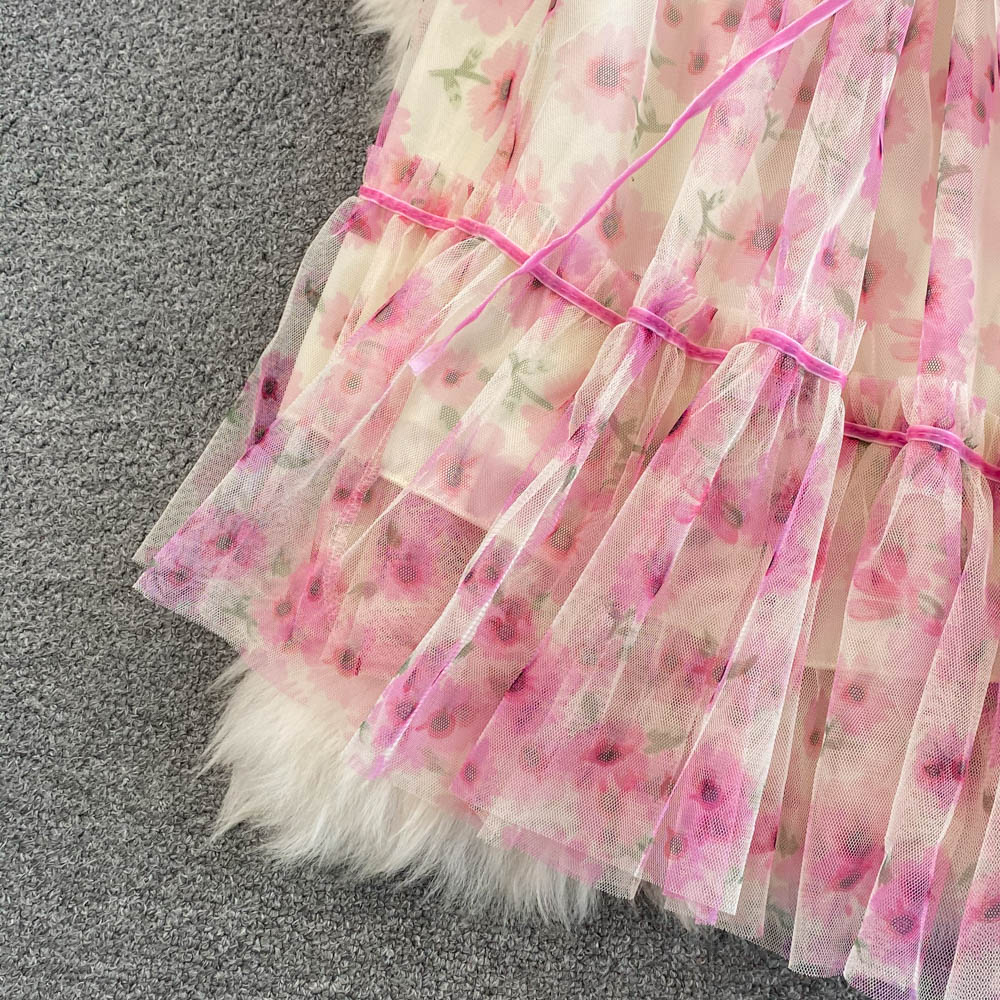 High-end Flared Sleeve Mesh Print Dress