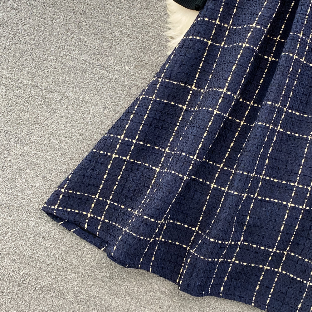 Bottoming Sweater&Plaid Tweed Dress 2Pcs