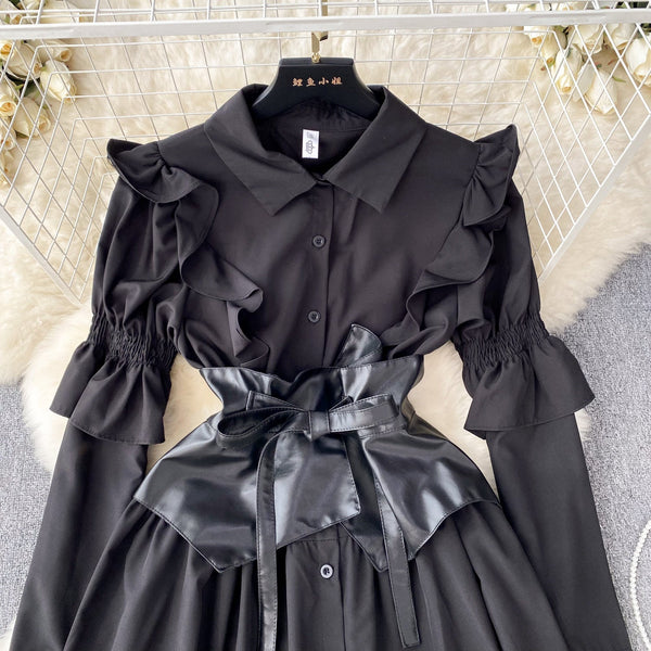 PU Girdle Ruffled Black Shirt Dress