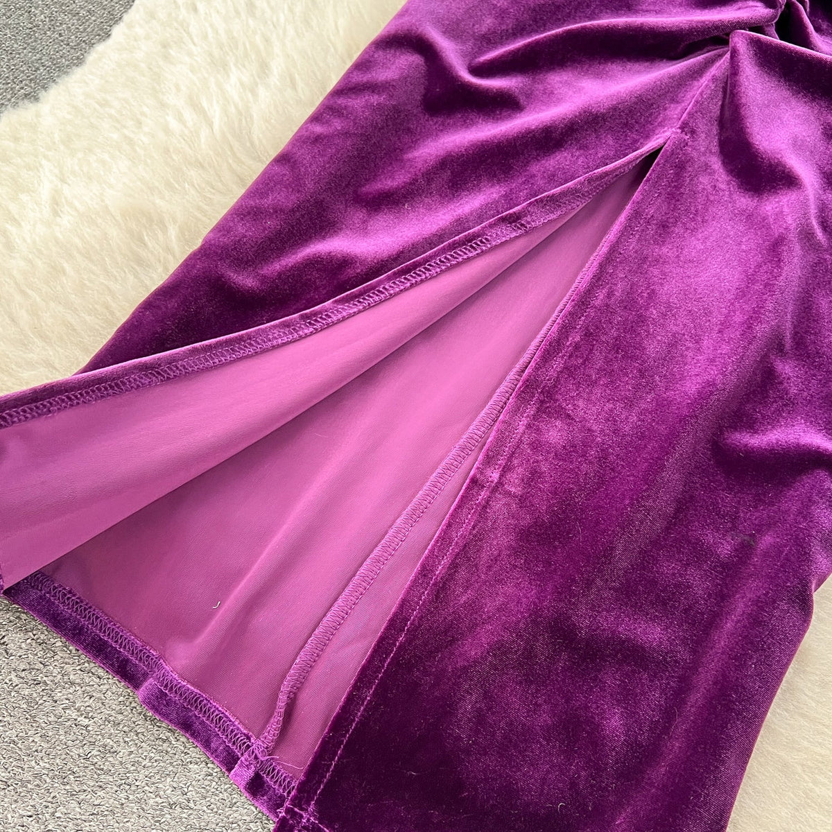 V-neck Slim-fitting Suede Split Dress