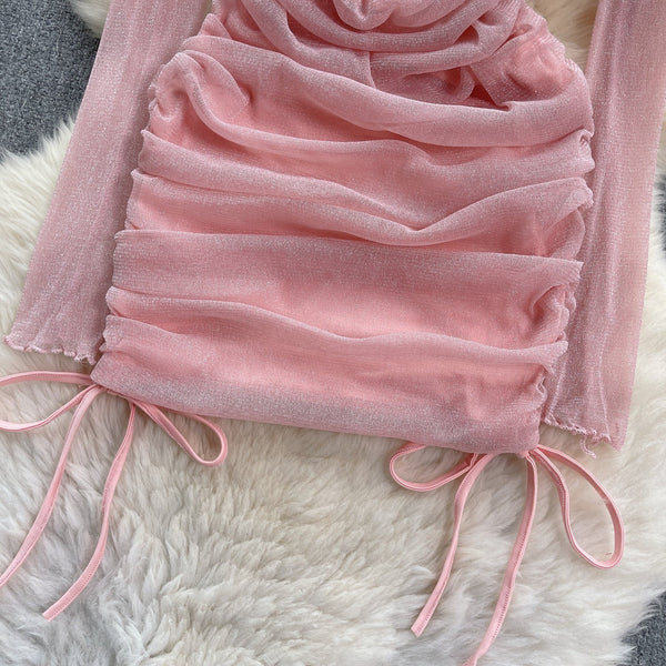 Off-shoulder Pleated Mesh Patchwork Dress