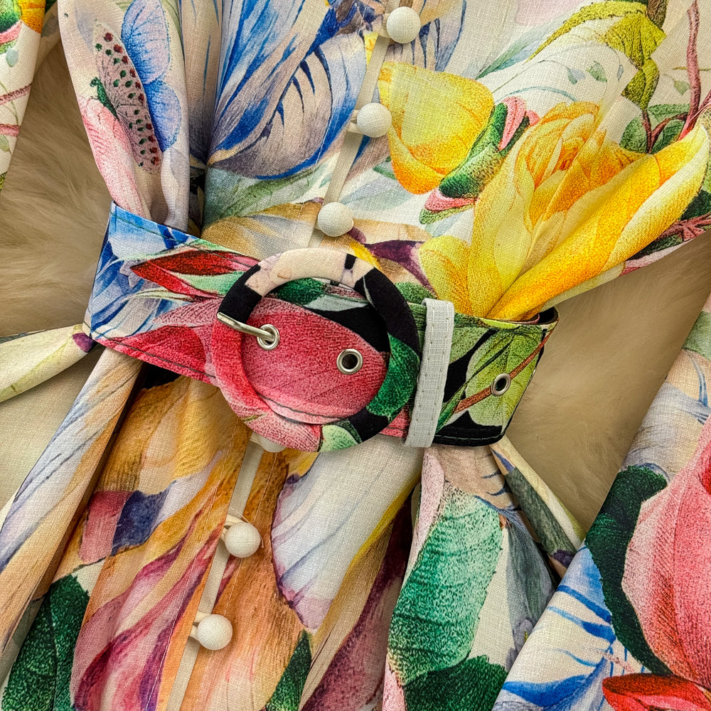 Courtly Single-breasted Floral Shirt Dress