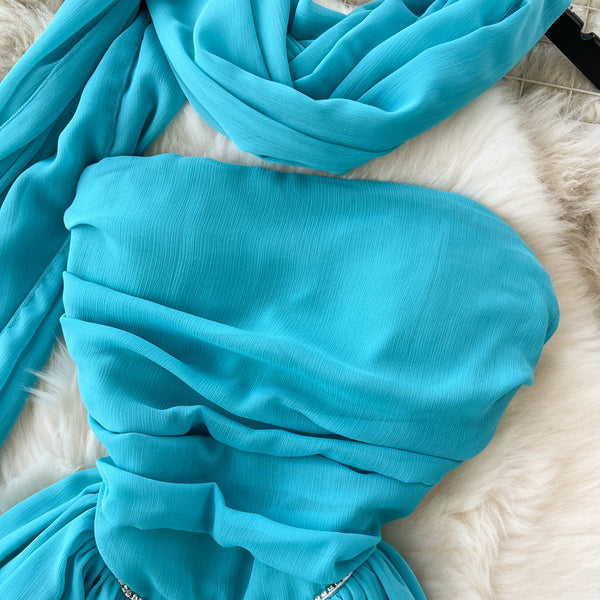 High-end Pleated Blue Dress with Ribbon